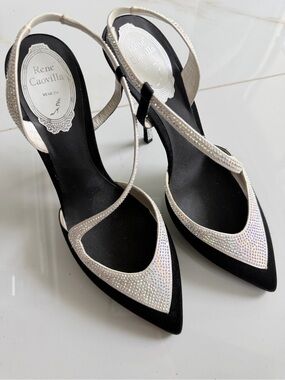 Rene Caovilla Black and Iridescent Crystal Slingback Pointed Heels
